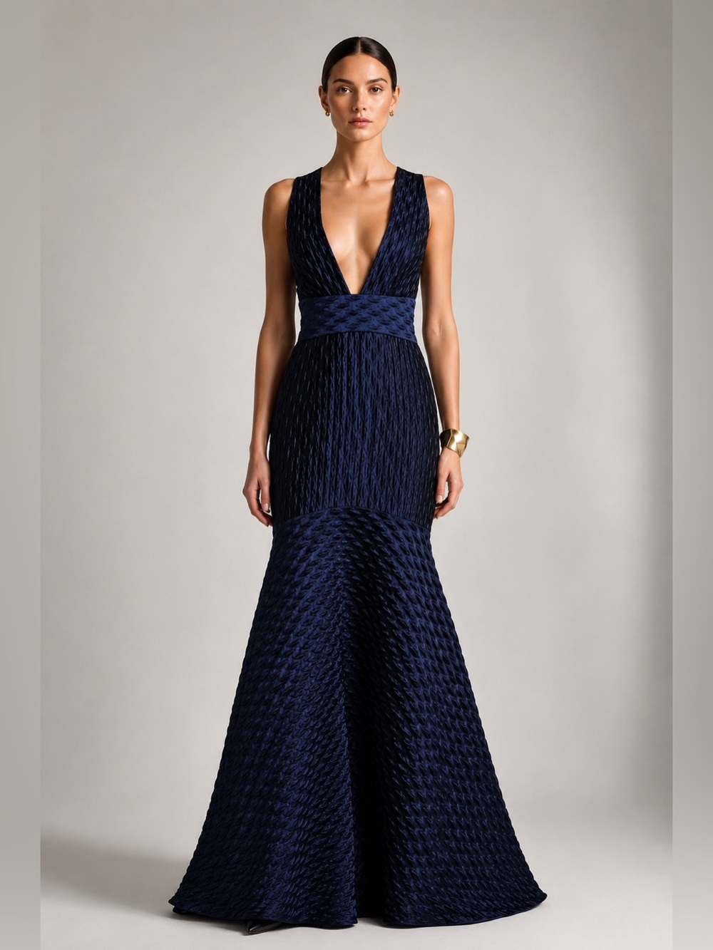 Milly Midnight Navy Textured Jacquard Plunge Mermaid Gown Size 10